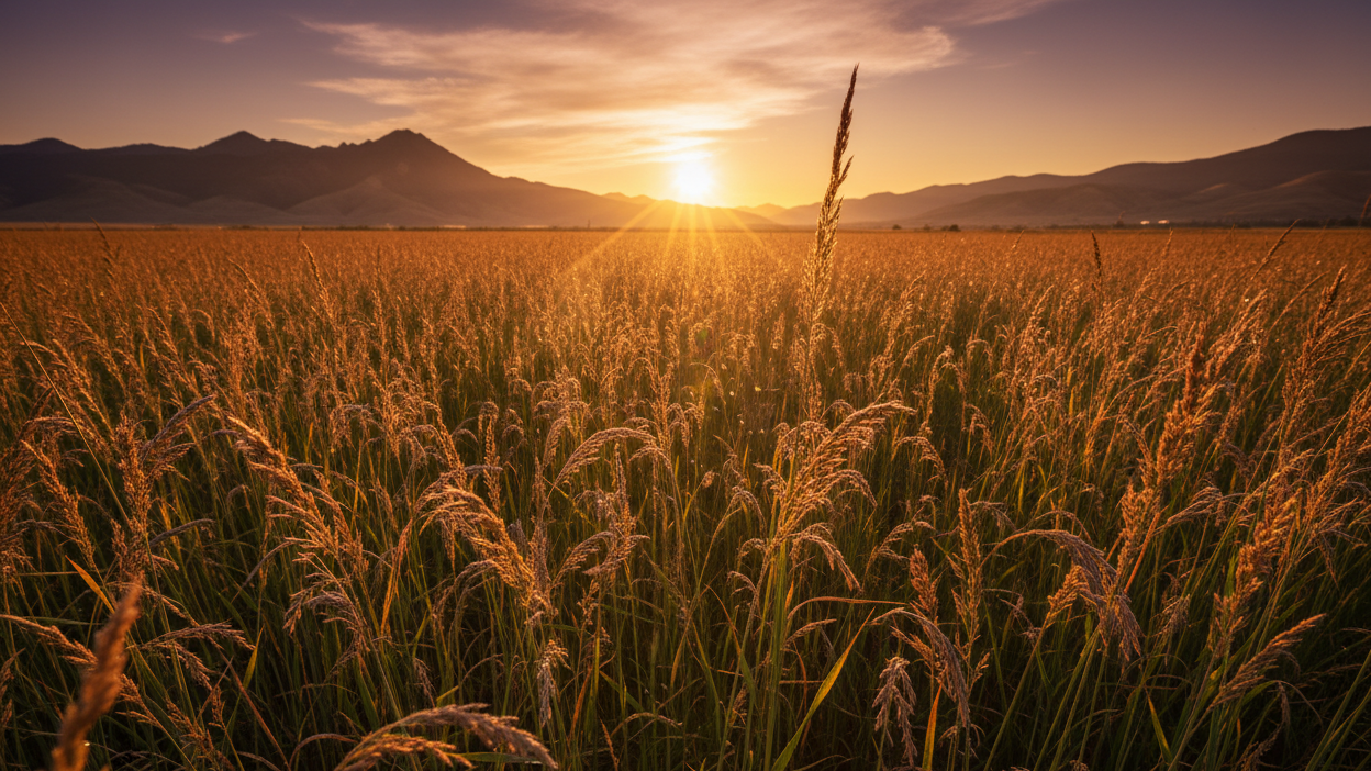 Ground-Level Timothy Hay Field Golden Hour